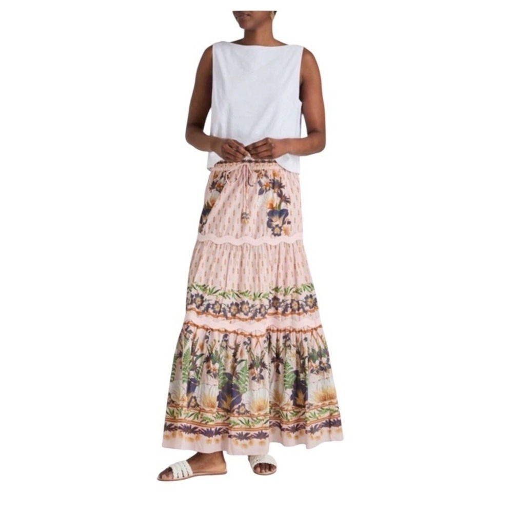 Farm Rio Maxi Skirt Size L Pink Dream Garden Floral Tiered Tropical Print